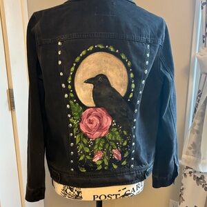 Black Denim Jacket with Crow and Rose Design